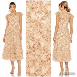 NWT MAC DUGGAL  Ruffle Tiered Short Sleeve A Line Dress Beige 2